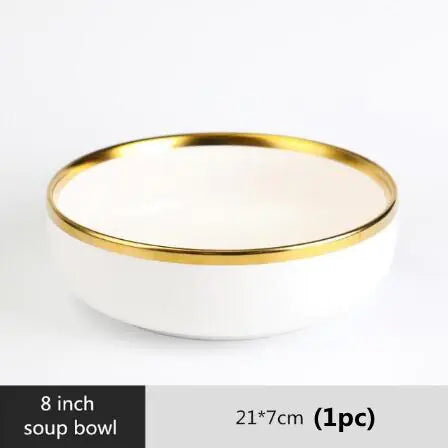 High-quality Matte Gilt Rim White Porcelain Dinner Tray Kitchen Plates Ceramic Tableware Food Dishes Rice Salad Noodles Bowl